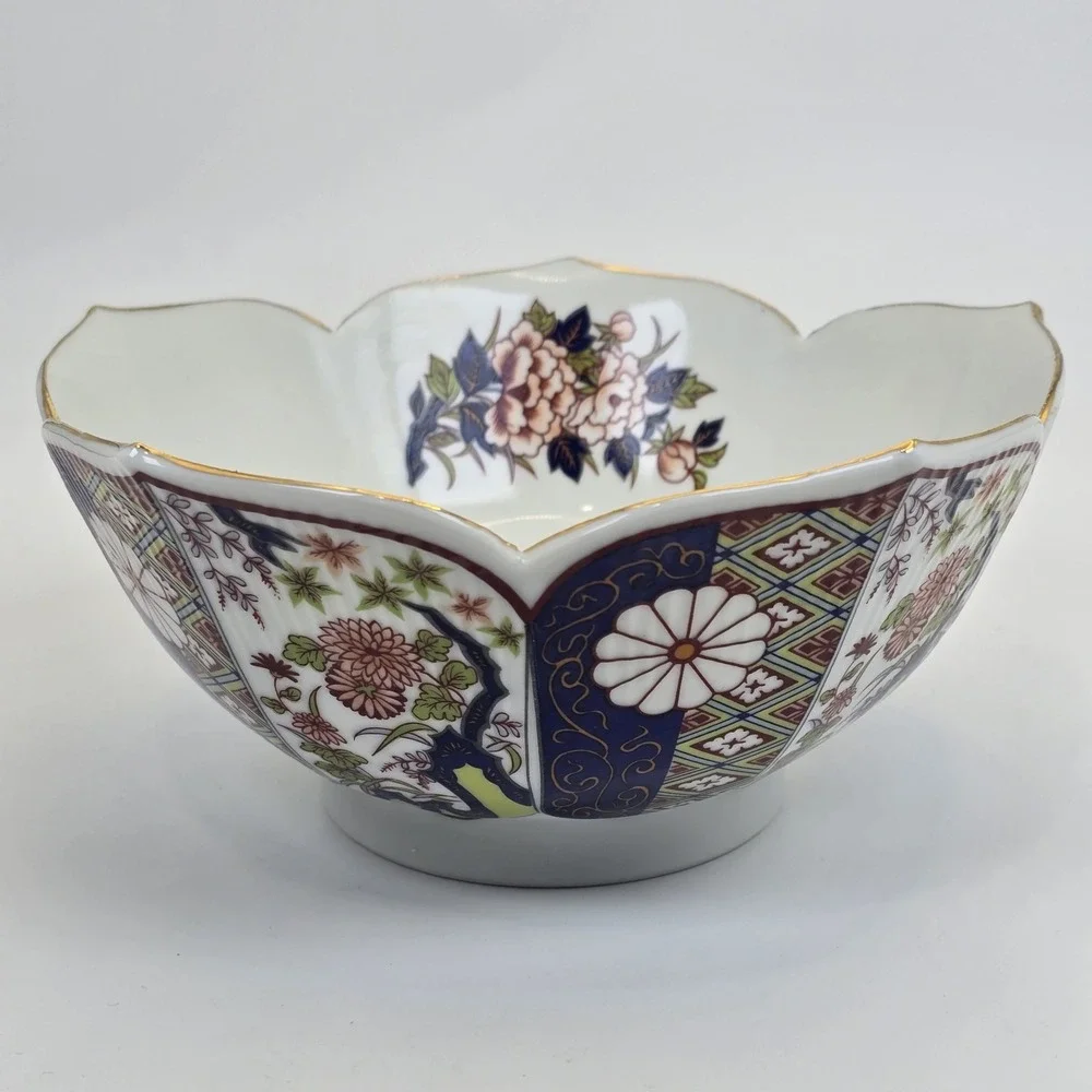 Vintage Imari Ware Japan Scalloped Porcelain Serving Bowl Gold Trim Floral 8